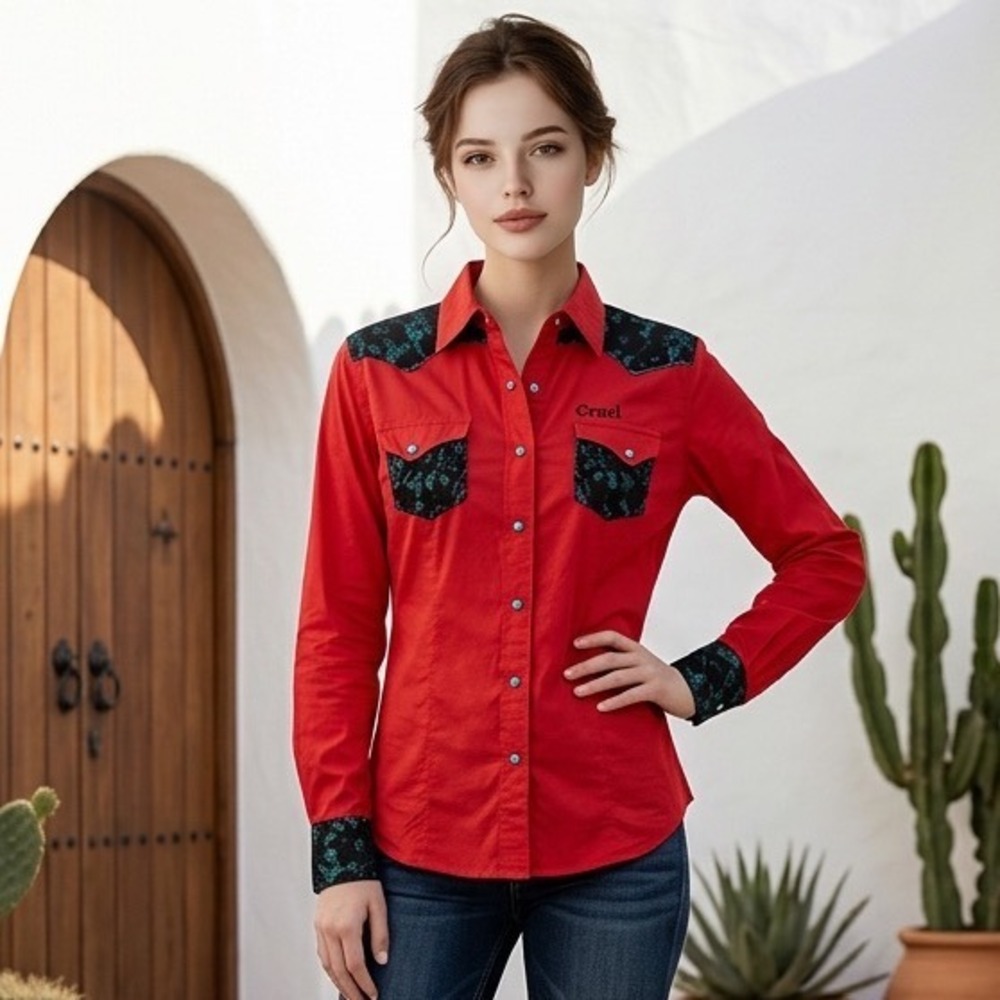Cruel‎ Denim Womens Red Western Snap Shirt Black Lace Yoke Turquoise Snaps M